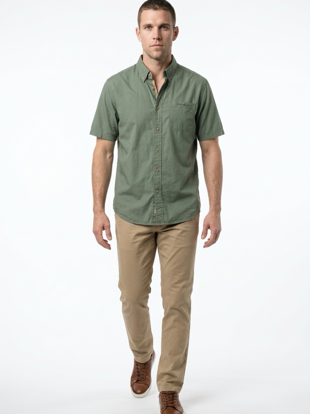 Eddie Bauer Short-Sleeve Button-Down Shirt Men's 2XL Olive Green Workwear Shirt